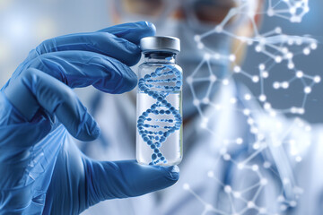 Glass vials contain RNA molecule. Lab scientist holding medical testing tube of medical pharmaceutical research with blood cells and virus cure using DNA genome. Acquired immunity vaccine. Genetics