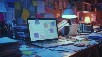A cluttered desk with a laptop, papers, sticky notes, and other office supplies. The scene is lit by a desk lamp and appears to be late at night.