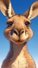 Obraz premium Happy smiling kangaroo looking at you with big ears and blue sky background