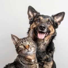 Portrait of Happy German Shepherd dog and grey tabby cat looking into studio camera together isolated on white background, veterinarian doctor office showing pets as friends.

