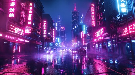 Naklejka premium neon lights on the street in a futuristic city, in the style of nightcore 