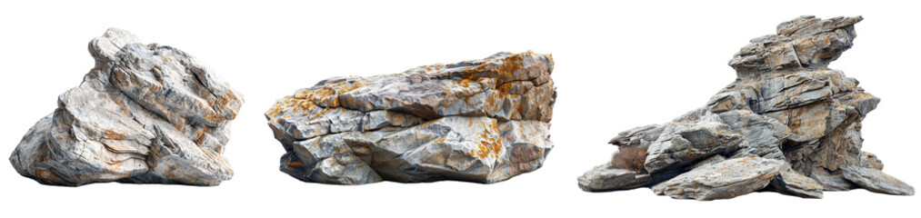 Three isolated rock specimens on a transparent background