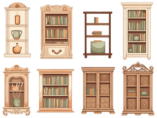 Education and knowledge library book shelves wooden vintage furniture vector bookcase textbooks and novel volumes literature and science university or college studying and learning set collection. © Pickoloh
