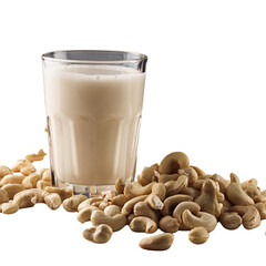  A glass of milk is shown falling from a glass. The glass is placed on a table. There are almonds underneath the glass.