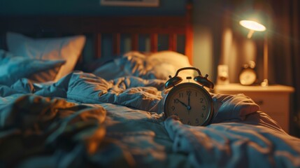 A vintage alarm clock sits on a messy bed, suggesting a late night or early morning. The light from a nearby lamp casts warm shadows on the bed linens.