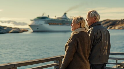 Fototapeta premium Senior Couple Gazing at a Cruise Ship in a Scenic Fjord