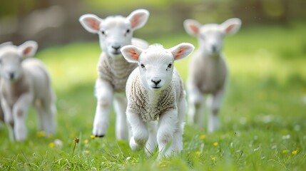 Playful Lambs Frolicking in Lush Grassy Field