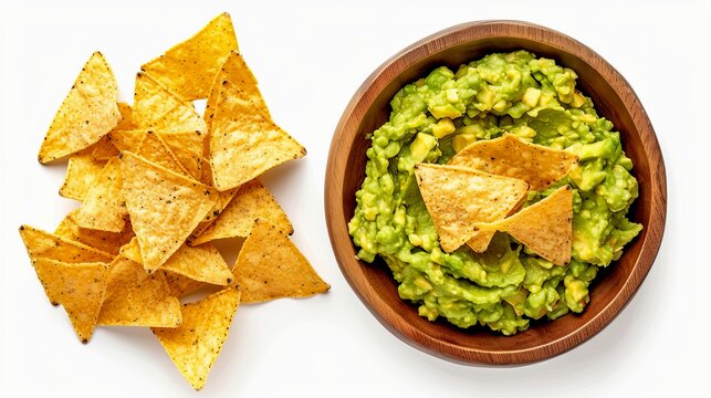 Bright overhead view of a bowl of creamy guacamole paired with crispy corn tortilla chips on a white background. Perfect food photo for stock images, recipe blogs, or Mexican cuisine. AI