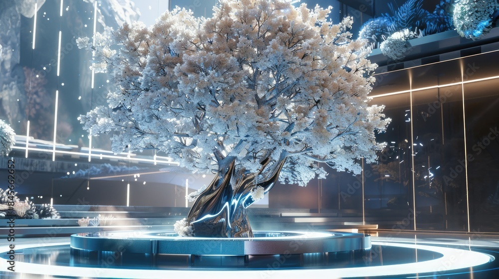 Poster an ai-designed tree with chrome-like branches and glowing digital leaves in a futuristic setting.