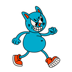 Retro style funny cartoon cat character. Groovy vintage 70s angry blue cat character in boots running.