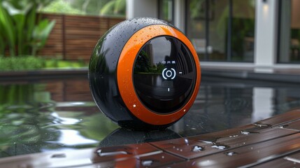 An orange and black weather station with a digital display and buttons.