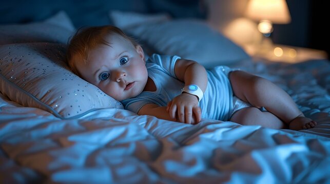 A baby laying in bed with a pacifier in his mouth and a blue watch on his wrist.