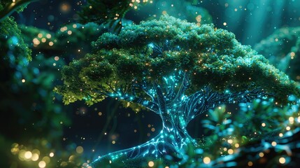 Obraz premium An AI-generated tree with holographic branches and glowing foliage, floating in a cybernetic forest.