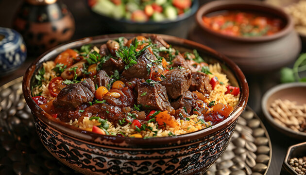 A traditional dish prepared for the celebration of Eid al-Adha, featuring a flavorful and aromatic meal with meat, rice, and spices, symbolizing the joyous and festive atmosphere of the holiday.