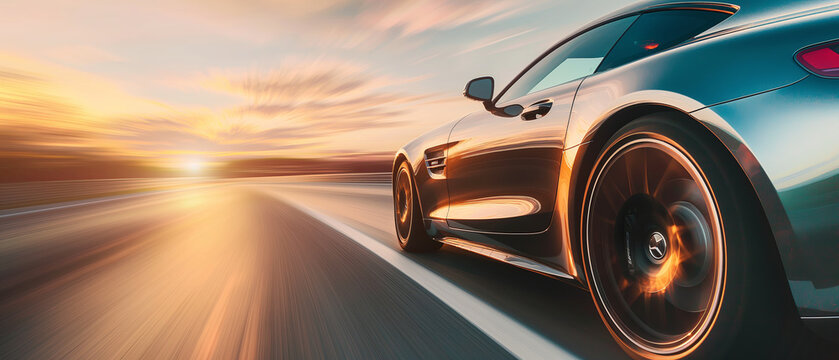 Sports car speeding on a highway during sunset. Great for automotive, speed, and travel themes. Generated AI