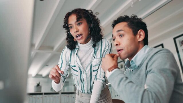 Business woman, call center and coaching with intern for customer service, support or help at office. Female person training young man, agent or junior consultant on computer for job or online advice