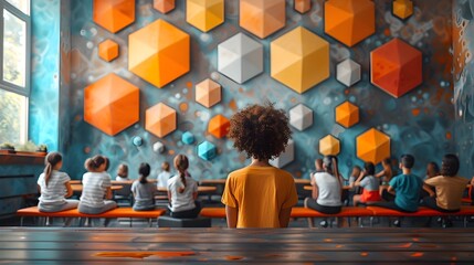 Vibrant Fitness Training Session with Geometric Learning Symbols in Minimalist Classroom