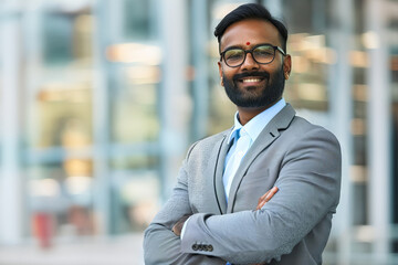 Fototapeta premium A confident Indian businessman, highlights professional success, with copy space