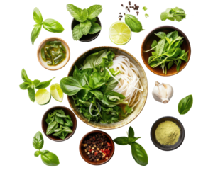 PNG of Pho, Delux setup for advertising compost, Vietnamese noodle soup with fresh herbs and lime, isorated on white background for make PNG picture