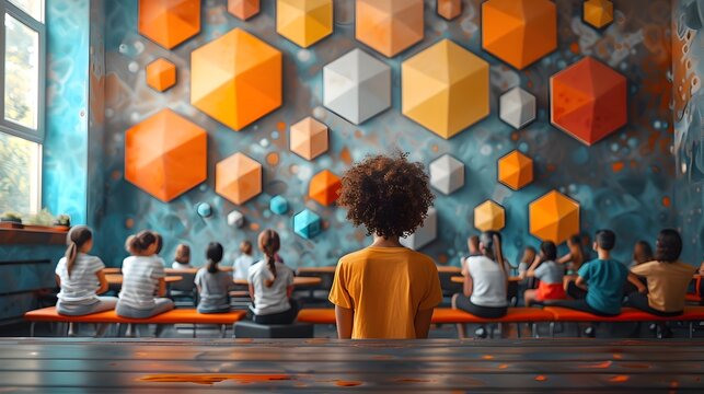 Vibrant Fitness Training Session with Geometric Learning Symbols in Minimalist Classroom