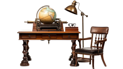 photograph of a vintage wooden office desk with a typewriter, a globe, and a desk lamp,