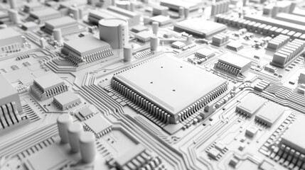 Illustration of a high-tech circuit board of the future in white colors, quantum computer, 3D printer, future technology, futuristic, great for scientific articles, white high-tech background