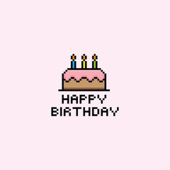 pixel happy birthday icon 8 bit, pixel art birthday icon card logo.