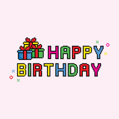 pixel happy birthday icon 8 bit, pixel art birthday icon card logo.