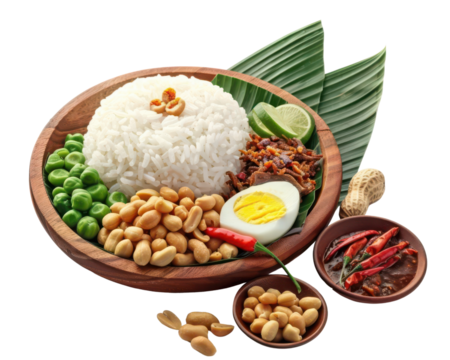 PNG of Nasi Lemak, Delux setup for advertising compost, Malaysian dish consisting of rice cooked in coconut milk, served with anchovies, peanuts, boiled egg, and chili paste, isorated on white backgro