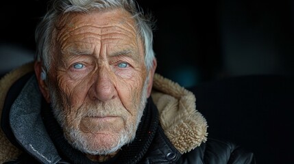 An old man with a beard and blue eyes wearing a jacket and looking at the camera.