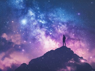 Fototapeta premium A silhouette stands on a rocky peak gazing at a vibrant, star-filled night sky, representing awe and wonder at the universe's vastness.
