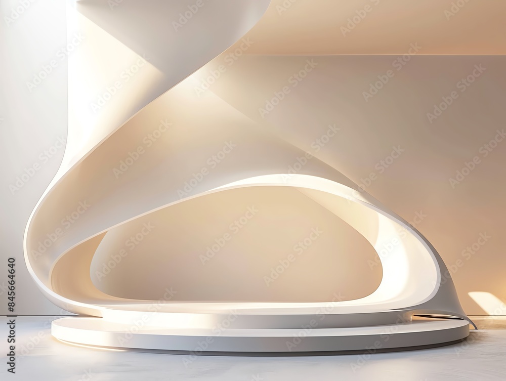 Poster podium for product display with abstract modern art sculpture with dynamic curves and light,