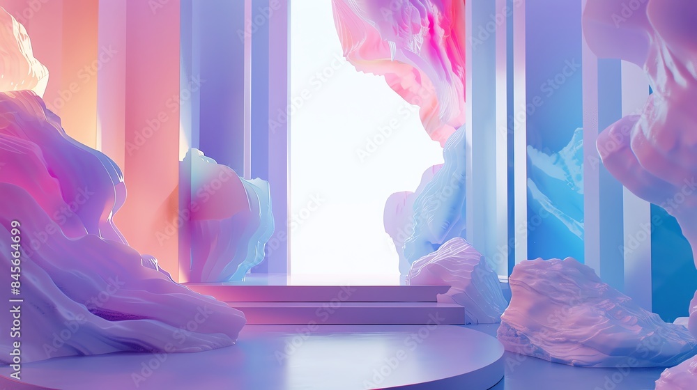 Poster abstract pastel-colored surreal room with flowing shapes and soft lighting, creating a dreamy and et