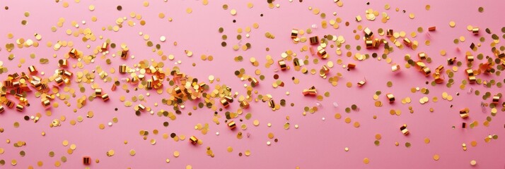 Obraz premium Golden confetti cascades over a soft pink backdrop, adding a touch of glamour and festivity to the air, evoking a sense of joy and celebration, banner
