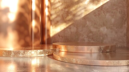 Obraz premium Elegant golden podium with soft lighting and reflections, perfect for product display or background in a minimalist, luxurious style.