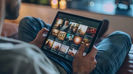 A man sits on a couch at home, browsing through a grid of images on his tablet.