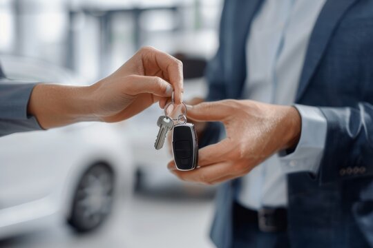 Man proudly displays her freshly purchased car key in the showroom, marking the beginning of countless joyous drives and memorable journeys