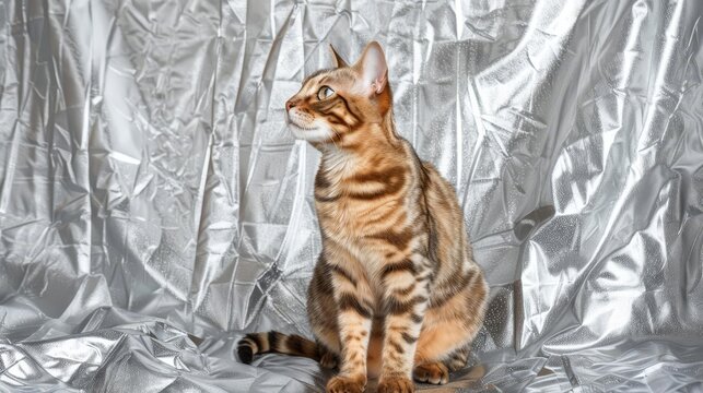 A brown tabby Bengal cat sits on a silver background, looking up.