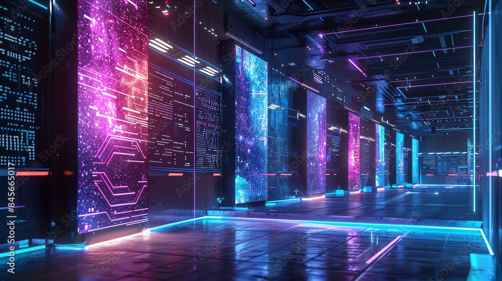 Poster futuristic data center with vibrant neon lights, displaying colorful digital data streams and advanc