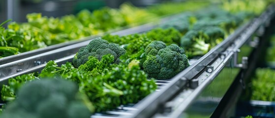 Fresh Green Leafy Vegetables Moving Along a Conveyor Belt in a Modern Greenhouse