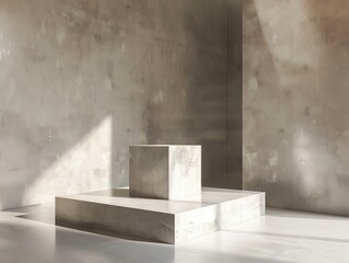 Minimalist concrete stand in an industrial setting, illuminated by natural sunlight creating shadows and a clean, modern aesthetic.