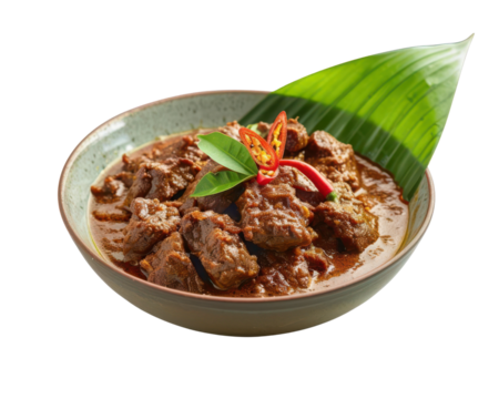 PNG of Beef Rendang, Delux setup for advertising compost, Slowcooked beef in coconut milk and spices from Indonesia, isorated on white background for make PNG picture