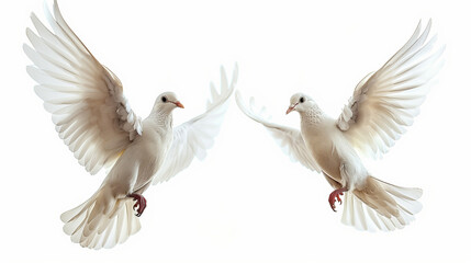 Fototapeta premium Soaring Silhouettes: Pair of Doves in Flight on White Background ,generated by IA