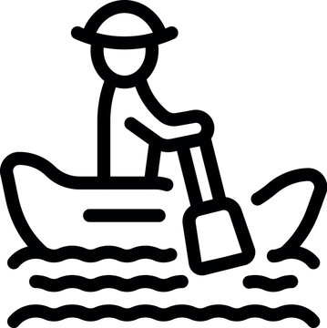recommend clip art: Explorer man is rowing boat on the river wearing hat in outline style