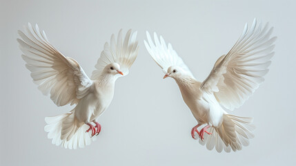 Obraz premium Doves in Tandem: Isolated Birds Flying Together Against Gray ,generated by IA