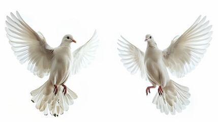 Obraz premium Feathered Flight: Isolated Doves Captured Mid-Air on White ,generated by IA