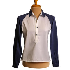 a mannequin with a white and blue shirt, displayed on a wooden stand.