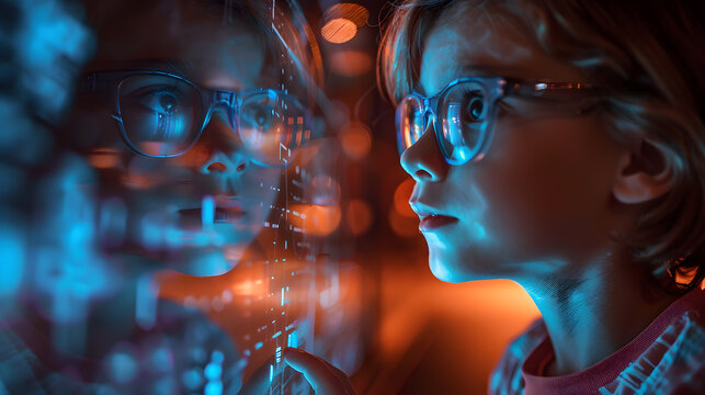 A futuristic classroom where children are engaged with interactive holograms