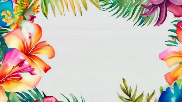 Bright tropical flowers and green leaves create a colorful border frame. The floral arrangement includes hibiscus and other exotic blossoms on a plain white background
