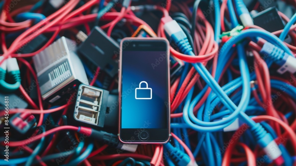 Poster a close-up image of a smartphone with a lock icon displayed on the screen, nestled amidst a tangle o